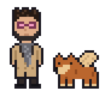 Pixel art of Diego with his dog Poyo